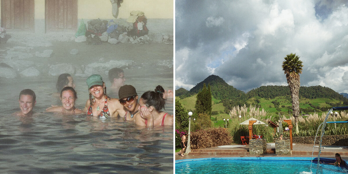 Enjoying a hot bath with friends high in the Bolivian Altiplano and Termales de Otoño, Manizales, Colombia
