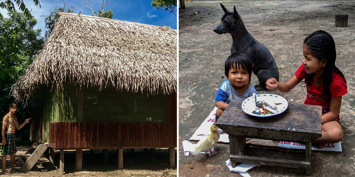 tambo jungle hut and kids eating breakfast